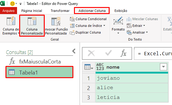power query invocando função personalizada