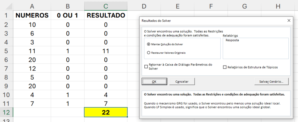 Excel, Solução do solver