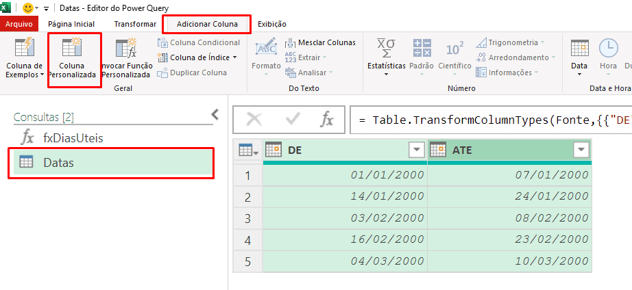 Power Query adicionando coluna personalizada