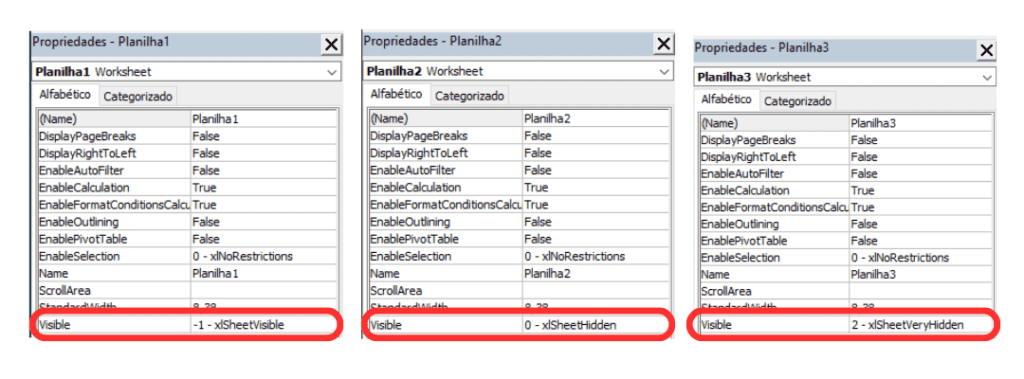 propriedades de objeto planilha no excel (ocultar, mostrar)