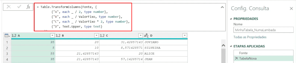 Código M com TransformRows para realizar múltiplos cálculos em uma etapa.