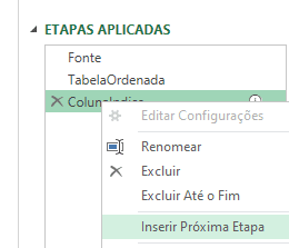 Menu das etapas aplicadas do Power Query com a opção Inserir Etapa Após.