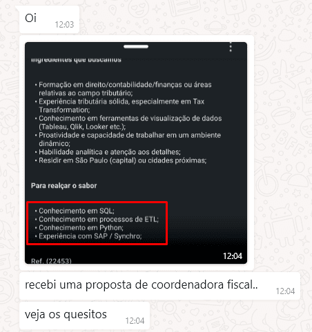 vaga de emprego pedindo sql