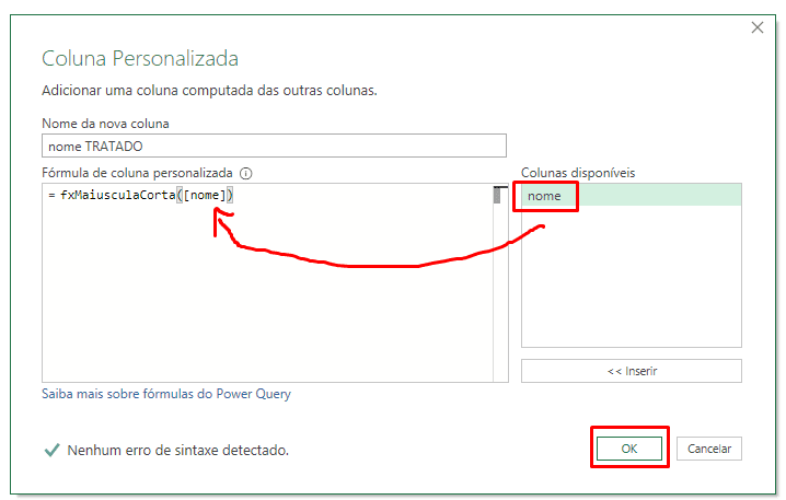 power query caixa de comando de funções