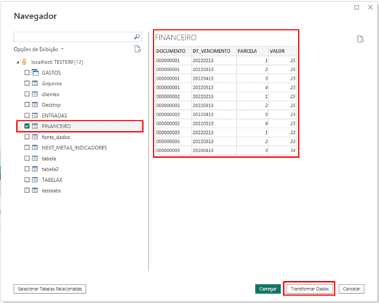 Power Query - Mostrando tabelas a importar