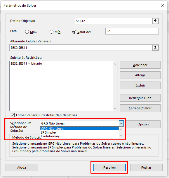 Excel, Solver, Selecionando método de solução