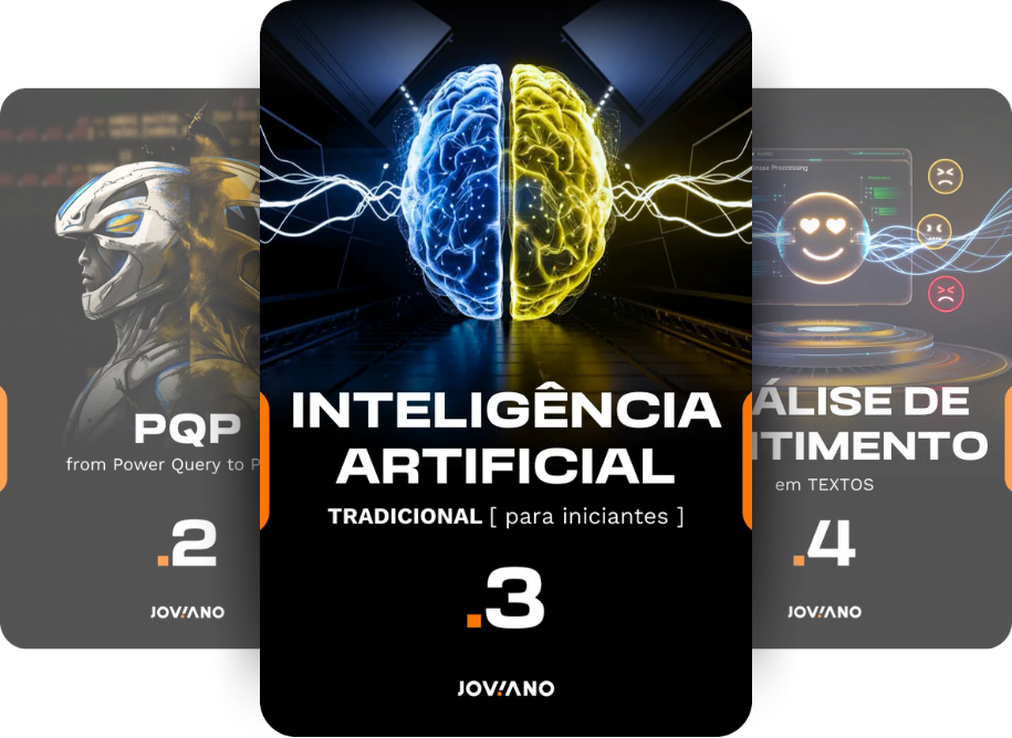 Capas dos cursos de inteligência artificial tradicional, análise de sentimentos e Power Query para Python.