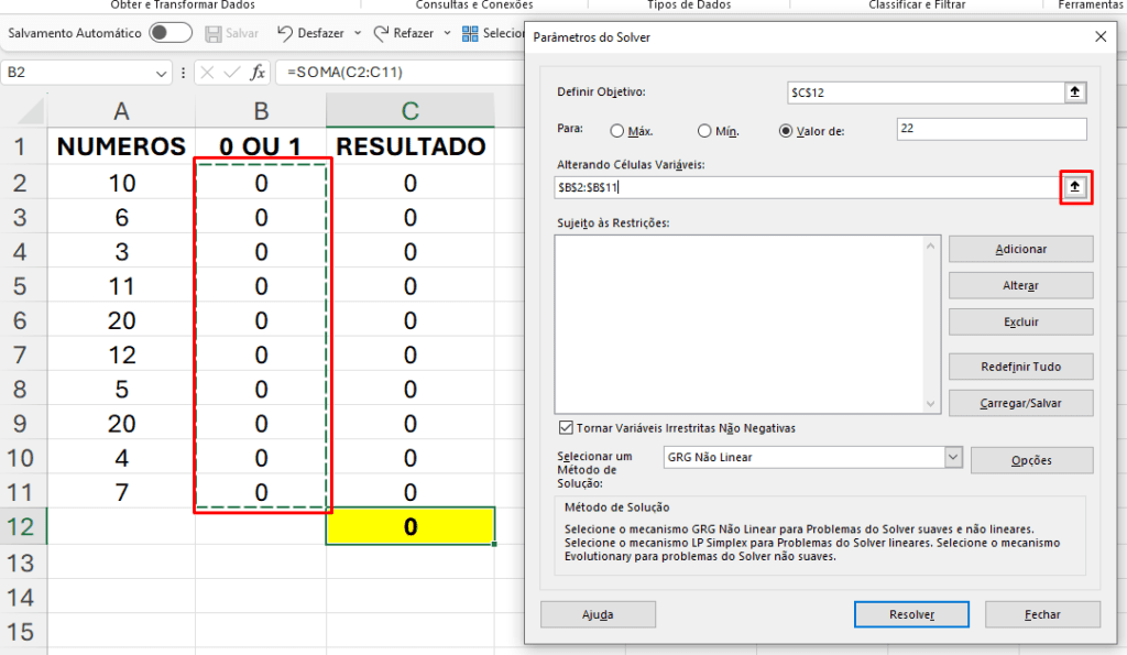 Excel, Solver, Alterando variáveis do solver