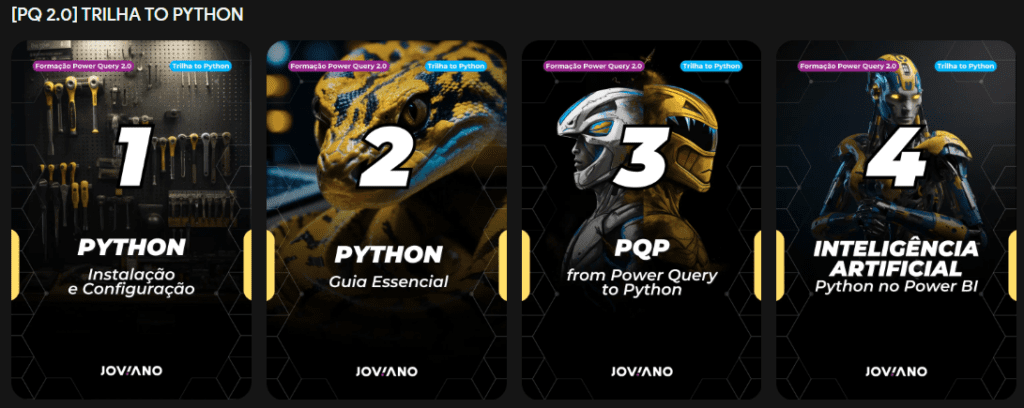 Trilha Python com cursos de instalação, fundamentos, Power Query para Python e inteligência artificial.
