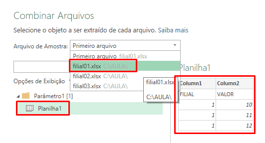 Janela Combinar Arquivos com a prévia da planilha de exemplo.