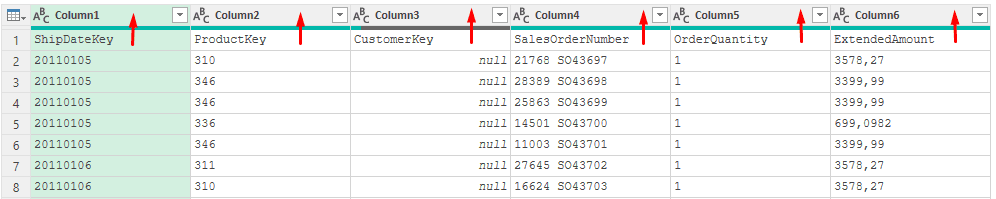 Tabela no Power Query com cabeçalhos na primeira linha