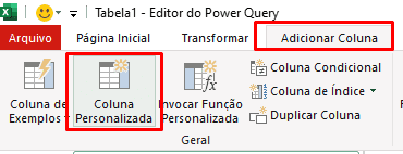 Menu Adicionar Coluna do Power Query com a opção Coluna Personalizada.