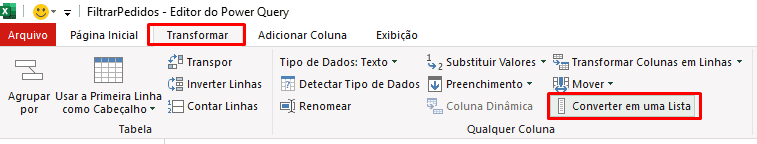 power query converter coluna em lista
