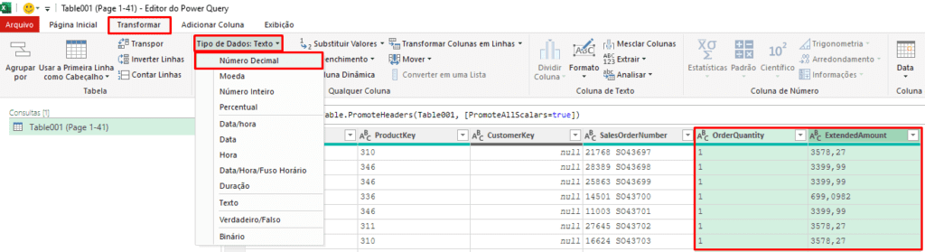 Transformando tipo de dados no Power Query