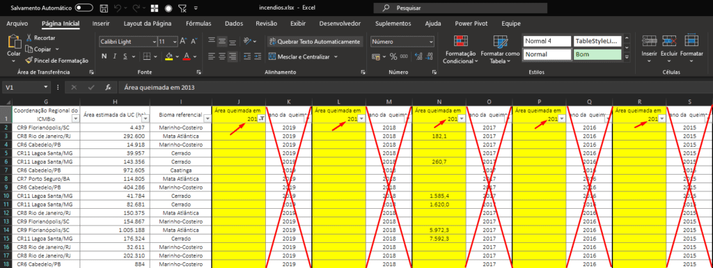 Editor do Power Query com colunas destacadas durante a limpeza dos dados.